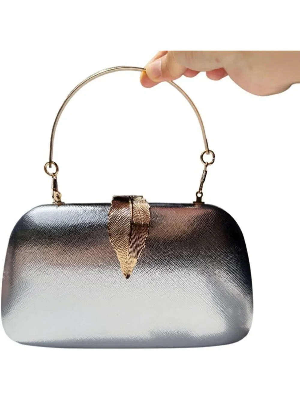 Women's Silver1 Elegant Clutch Purse Metallic Leaves Clasp Banquet Evening Bag